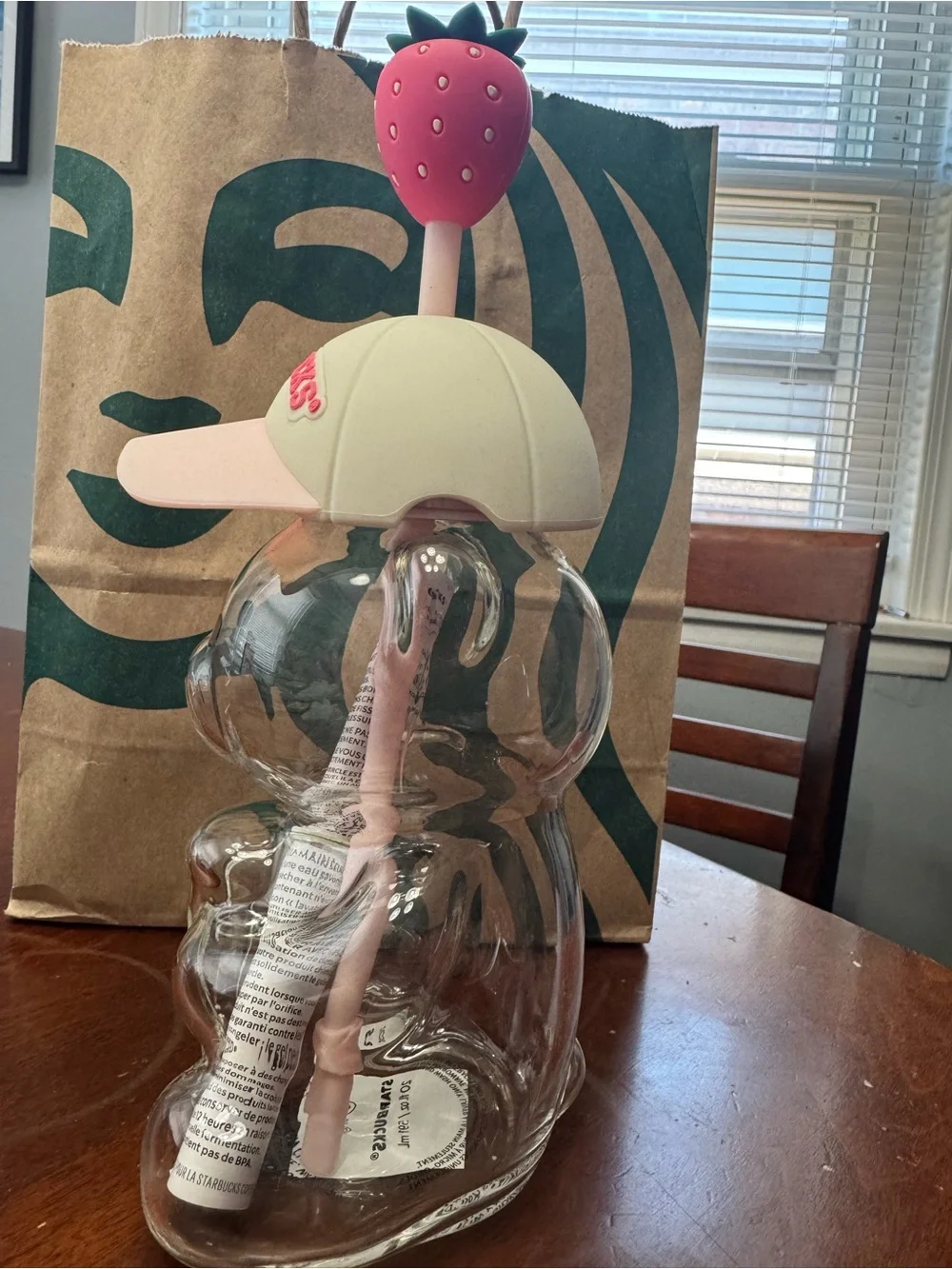 Starbucks Clear Bear Tumbler with Pink Straw, Pink Hat & Strawberry Topper